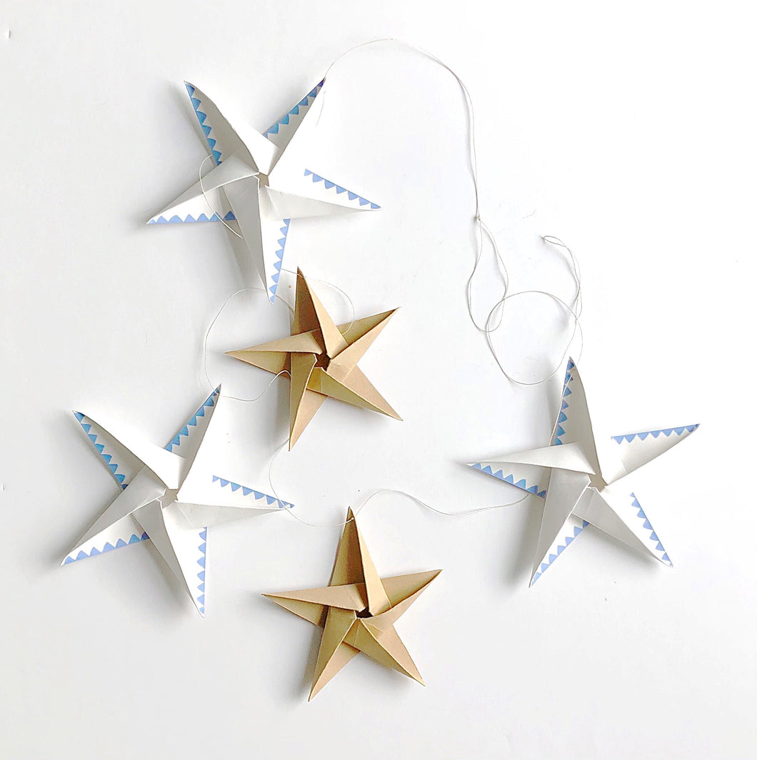 Star Garland - Ivory and brown paper with bluebell blue hand painted geometric edge