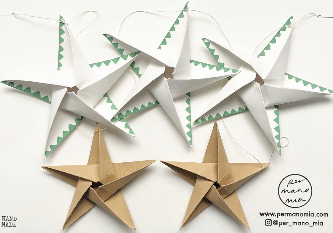 Star Garland - Off white and brown paper with pea green hand painted geometric edge