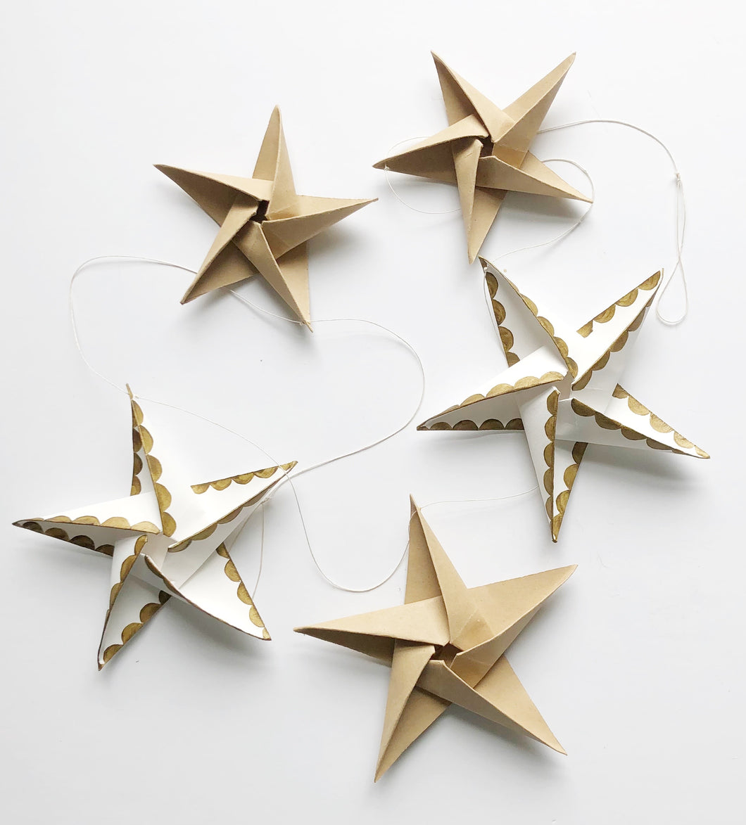 Star Garland - Ivory and brown paper with antique gold hand painted scallop edge