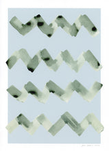 Load image into Gallery viewer, Wave abstract print, green ink wash on a blue background.
