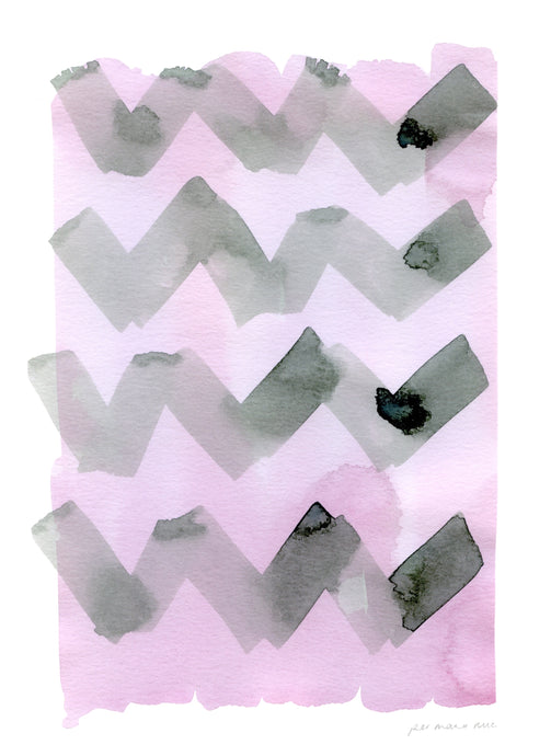 Wave 2 abstract print, green and pink ink wash.